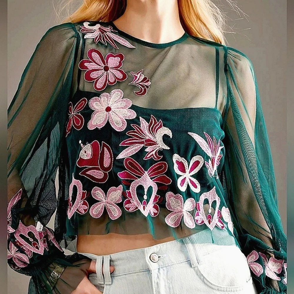 NWT By Anthropologie Long-Sleeve Embroidered Cropped Mesh Top Size 1X - Picture 13 of 16